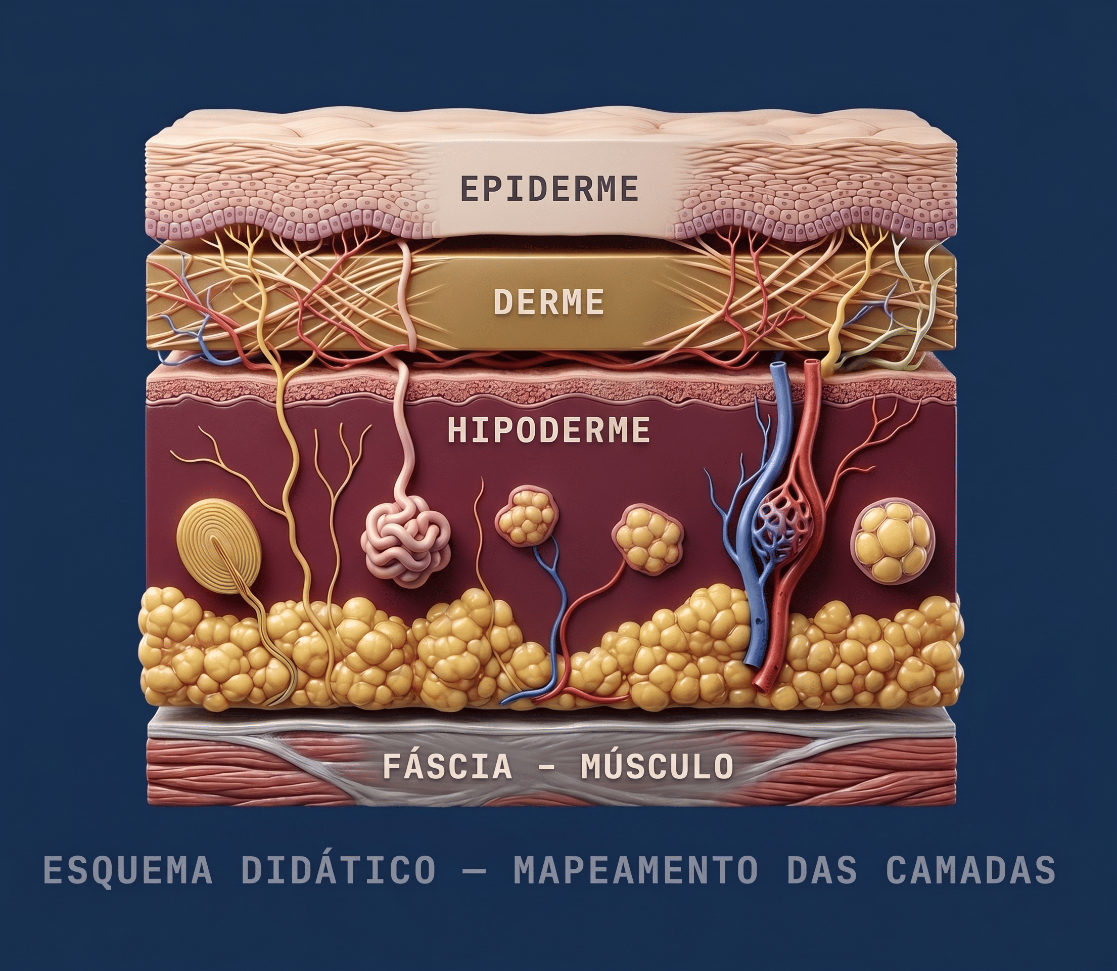 Esquema das camadas da pele — epiderme, derme, hipoderme, fáscia e músculo — base da leitura LDHC